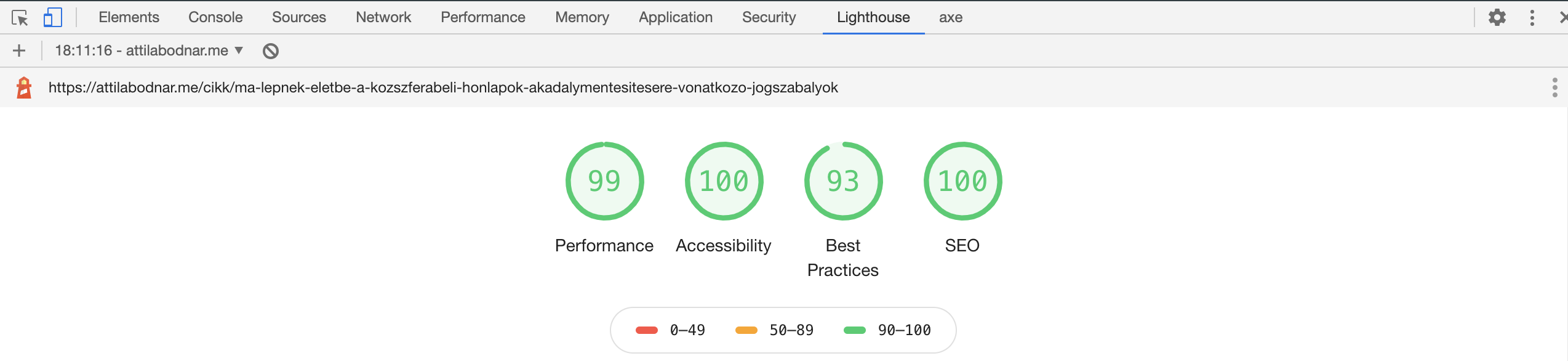 google lighthouse eredmények láthatók a képen 99%, 100% eredményekkel